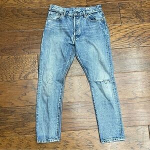 Levi’s vintage 501s red line skinny white oak cone denim selvedge seam jeans